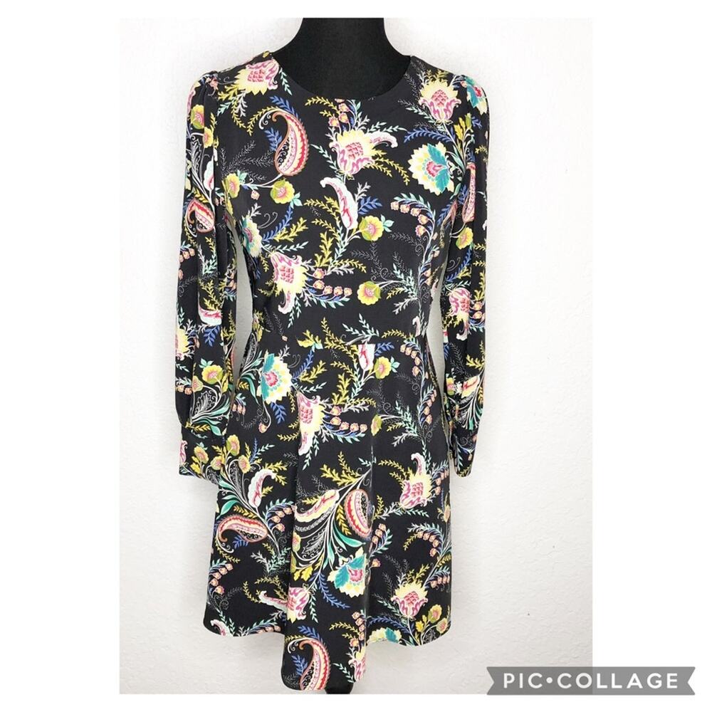 LOFT black red yellow floral print long sleeve dress size 4 Petite 4P
